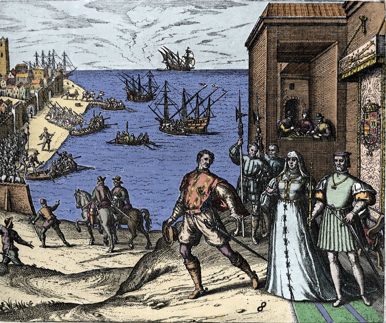 Christoph Kolumbus und die Brüder Pinzon verlassen den Hafen von Palos in Spanien am 03.08.1492 in die Neue Welt. Rechts der König und die Königin von Portugal, Ferdinand II. von Aragon und Isabella I. von Kastilien. Gravur von Theodore de Bry in „Admirant von Theodore de Bry