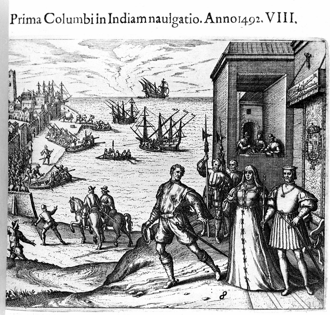 Christoph Kolumbus und die Brüder Pinzon verlassen den Hafen von Palos in Spanien am 03.08.1492 in die Neue Welt. Rechts der König und die Königin von Portugal, Ferdinand II. von Aragon und Isabella I. von Kastilien. Gravur von Theodore de Bry in „Admirant von Theodore de Bry