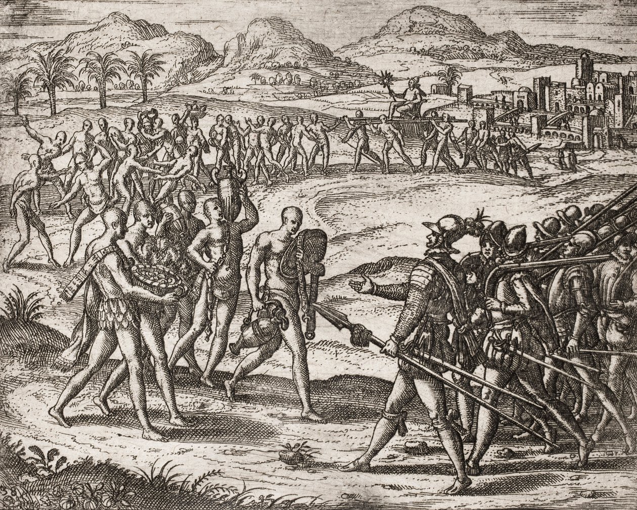 Beschreibung der von spanischen Siedlern an Indianern verübten Verbrechen - Indianer bringen Geschenke und Gold zu den Konquistadoren - Gravur von Theodore de Bry in „Narratio regionum indicarum per Hispanos quosdam devastatarum verissima“ von Bartolome de von Theodore de Bry