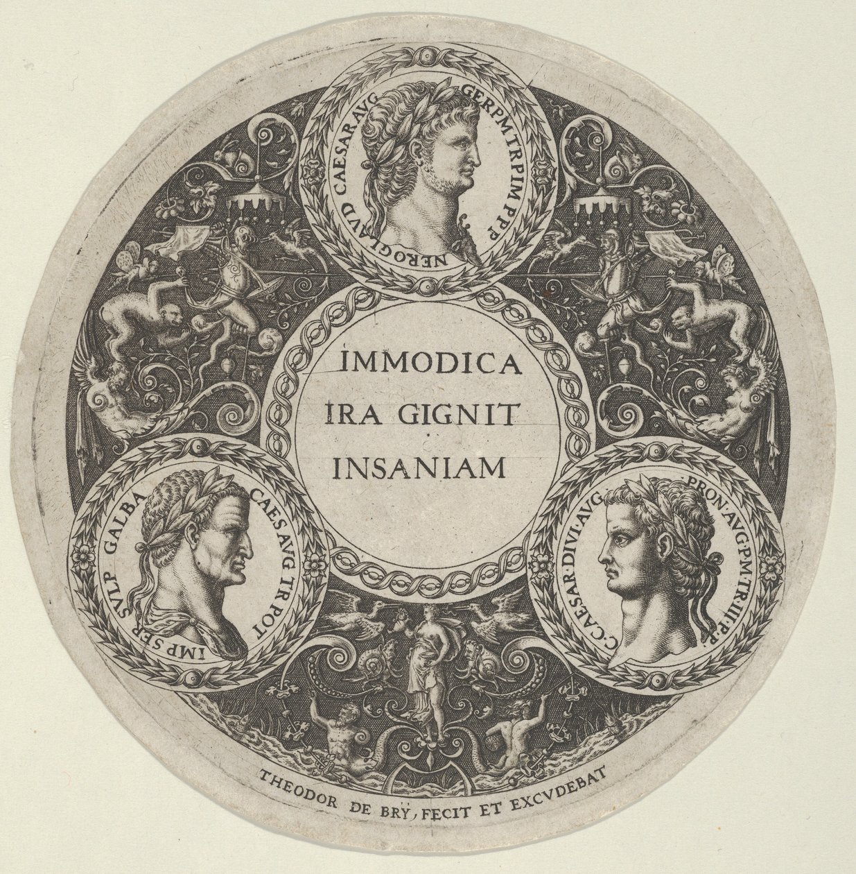 Entwurf für eine Schale mit Porträts der römischen Kaiser Nero, Galba und Caligula, ca. 1588 von Theodore de Bry
