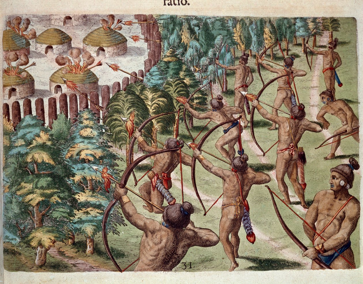 Geschichte Amerikas: „Ein Indianerstamm greift nachts ein Dorf in Florida an“ Gravur aus „Admirante Narratio Americae“ von Theodore de Bry (1528-1598) von Theodore de Bry