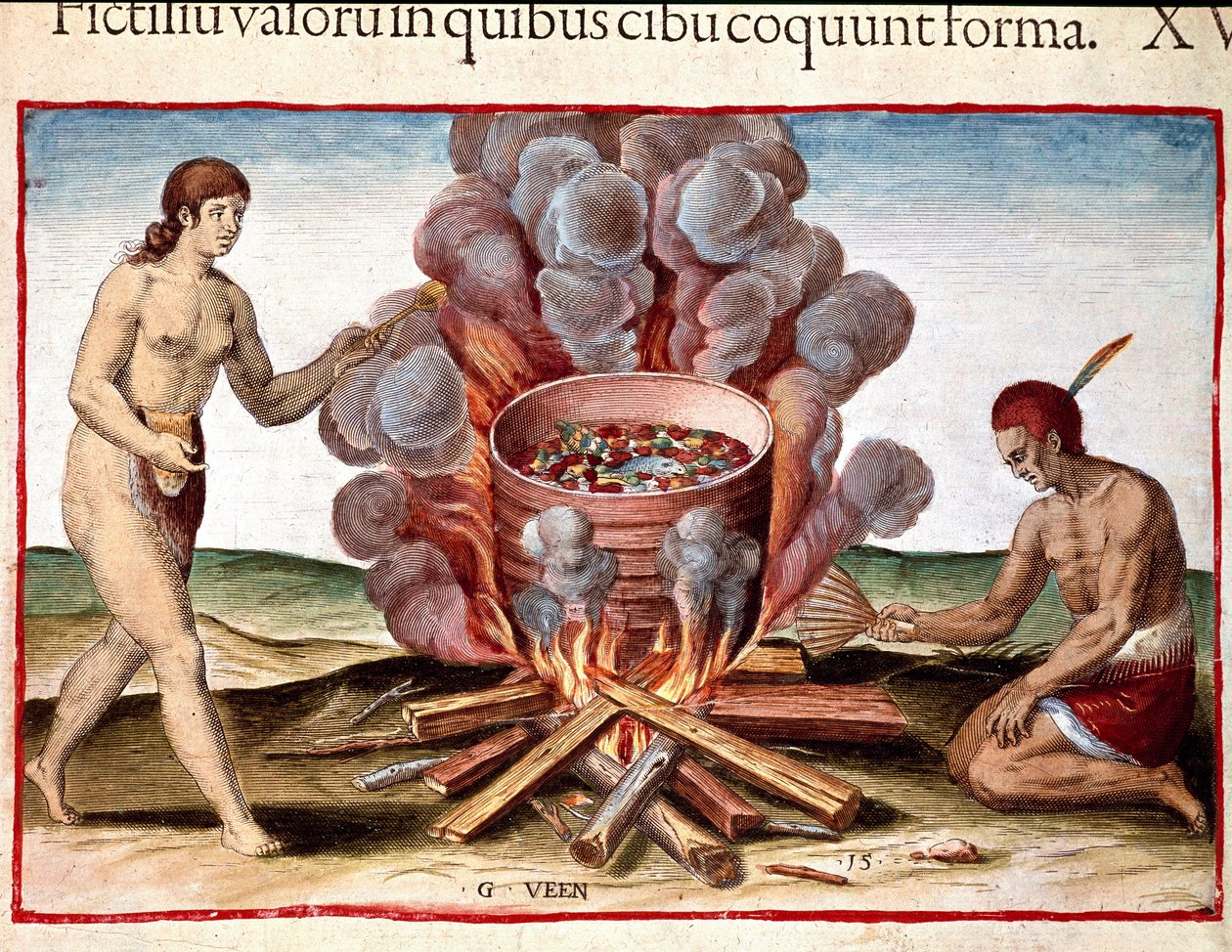 Indianer kochen Fisch. Gravur aus „Admirante Narratio Americae“ von Theodore de Bry (1528-1598) von Theodore de Bry