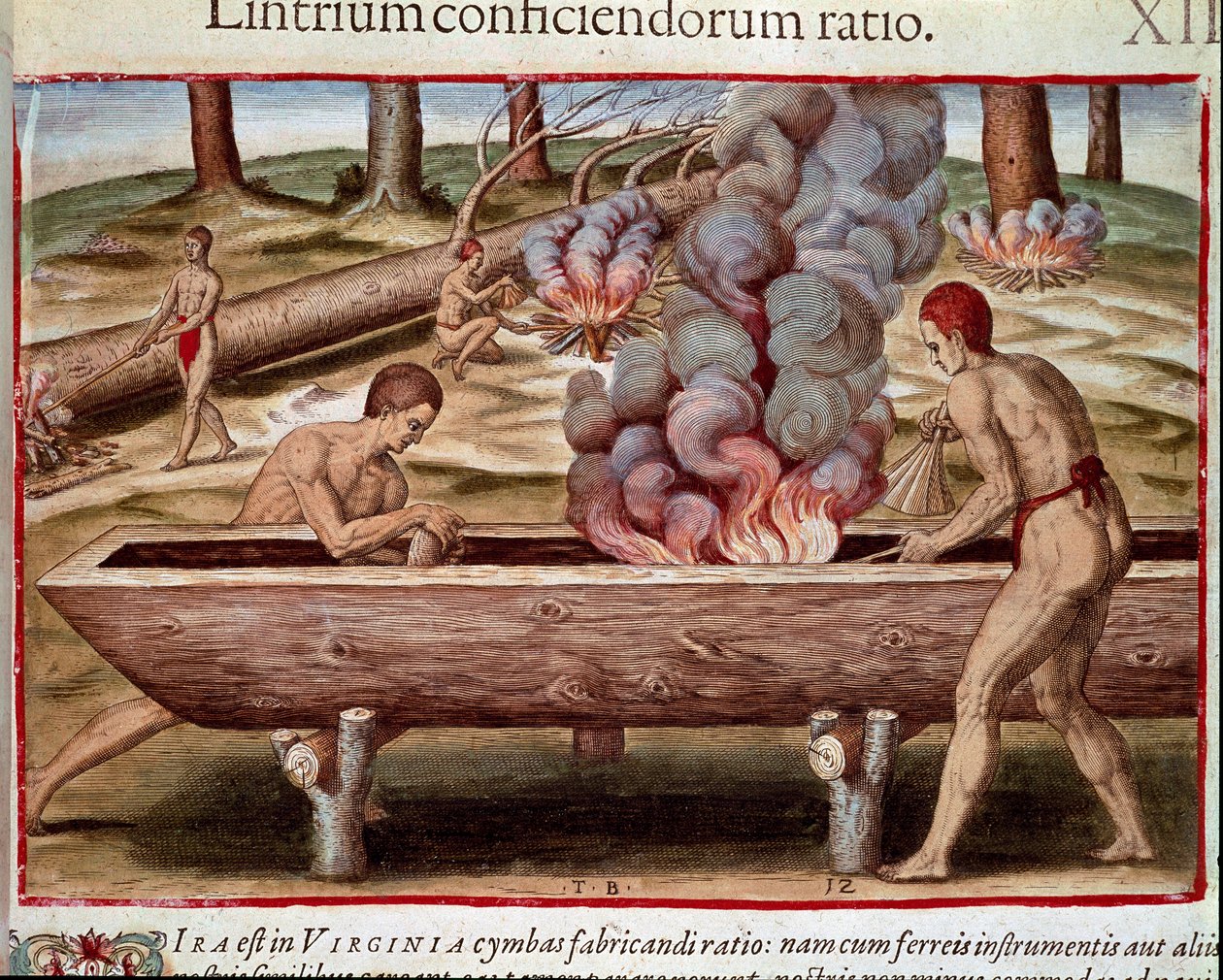 Geschichte Amerikas: „Indianer bauen Boote“ Gravur aus „Admirante Narratio Americae“ von Theodore de Bry (1528-1598) von Theodore de Bry