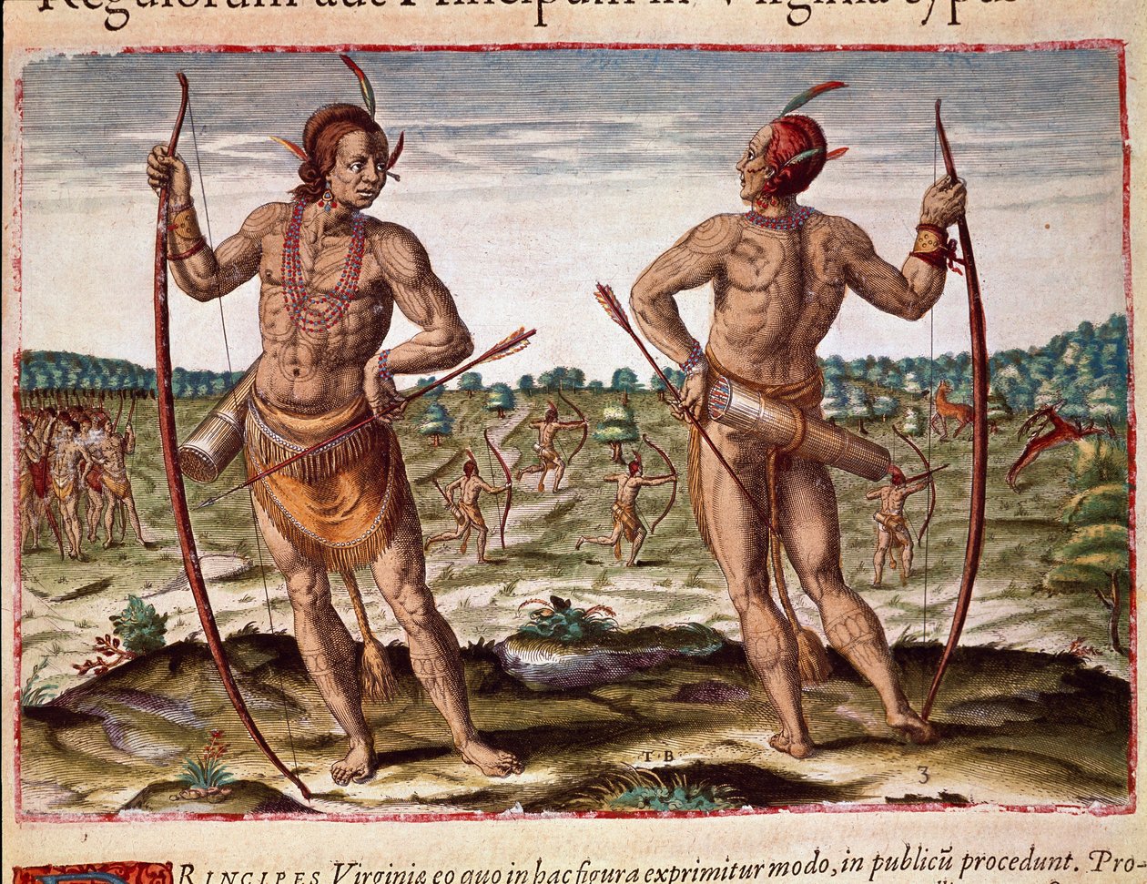 Zwei Einwohner von Virginia, Indianerwaffen mit Pfeilen und Bogen. Gravur aus „Admirante Narratio Americae“ von Theodore de Bry (1528-1598) von Theodore de Bry