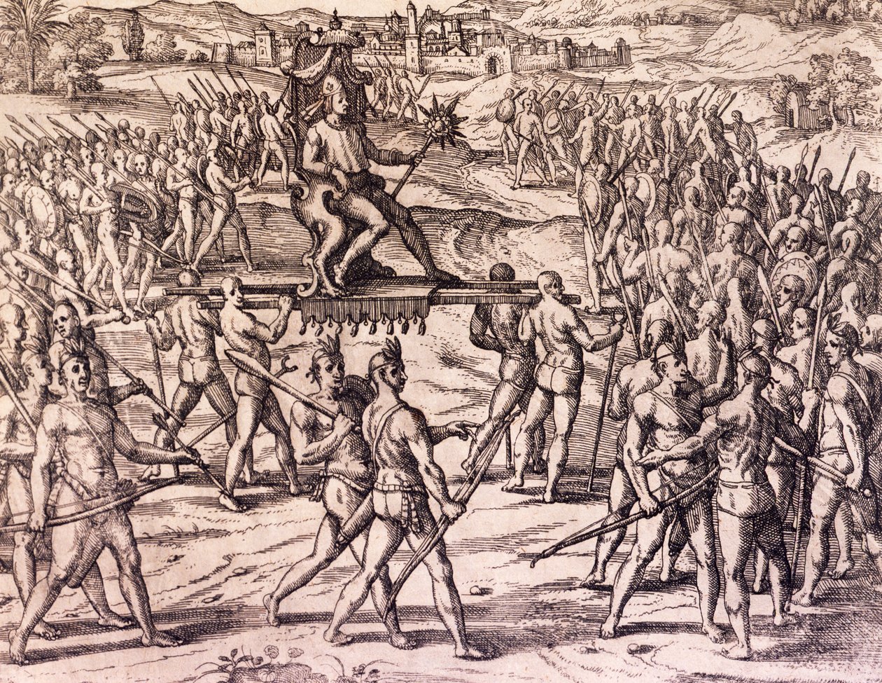 Inka-Kaiser Atahualpa wird von Francisco Pizarros spanischen Truppen besiegt, Peru, Gravur aus der Amerikanischen Geschichte von Theodor de Bry von Theodore de Bry