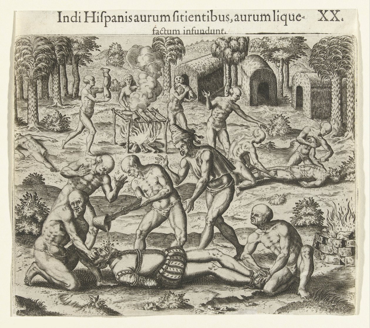 Indianer gießen flüssiges Gold in den Mund eines Spaniers, 1594 von Theodore de Bry