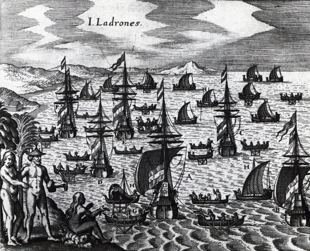 Inseln der Diebe (Islas de los Ladrones, heute Marianeninseln), Gravur aus Peregrinationes von Theodor de Bry, 16. Jahrhundert von Theodore de Bry