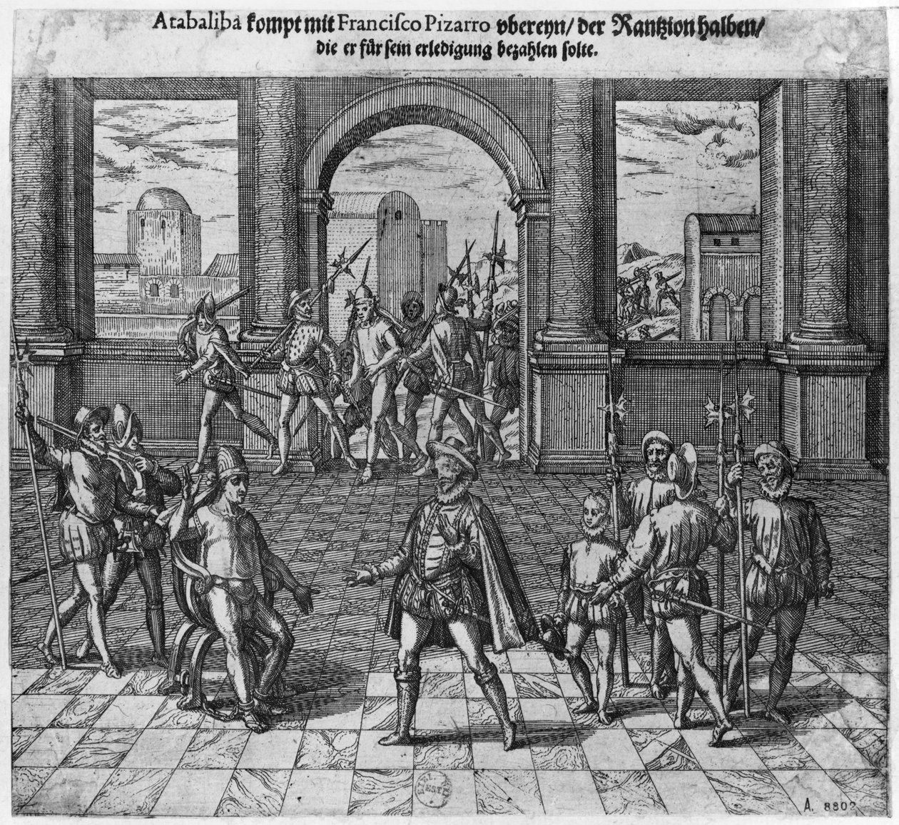 König Atahualpa (ca. 1502-33) verhandelt sein Lösegeld mit Francisco Pizarro, 1533 (Gravur) (sw Foto) von Theodore de Bry