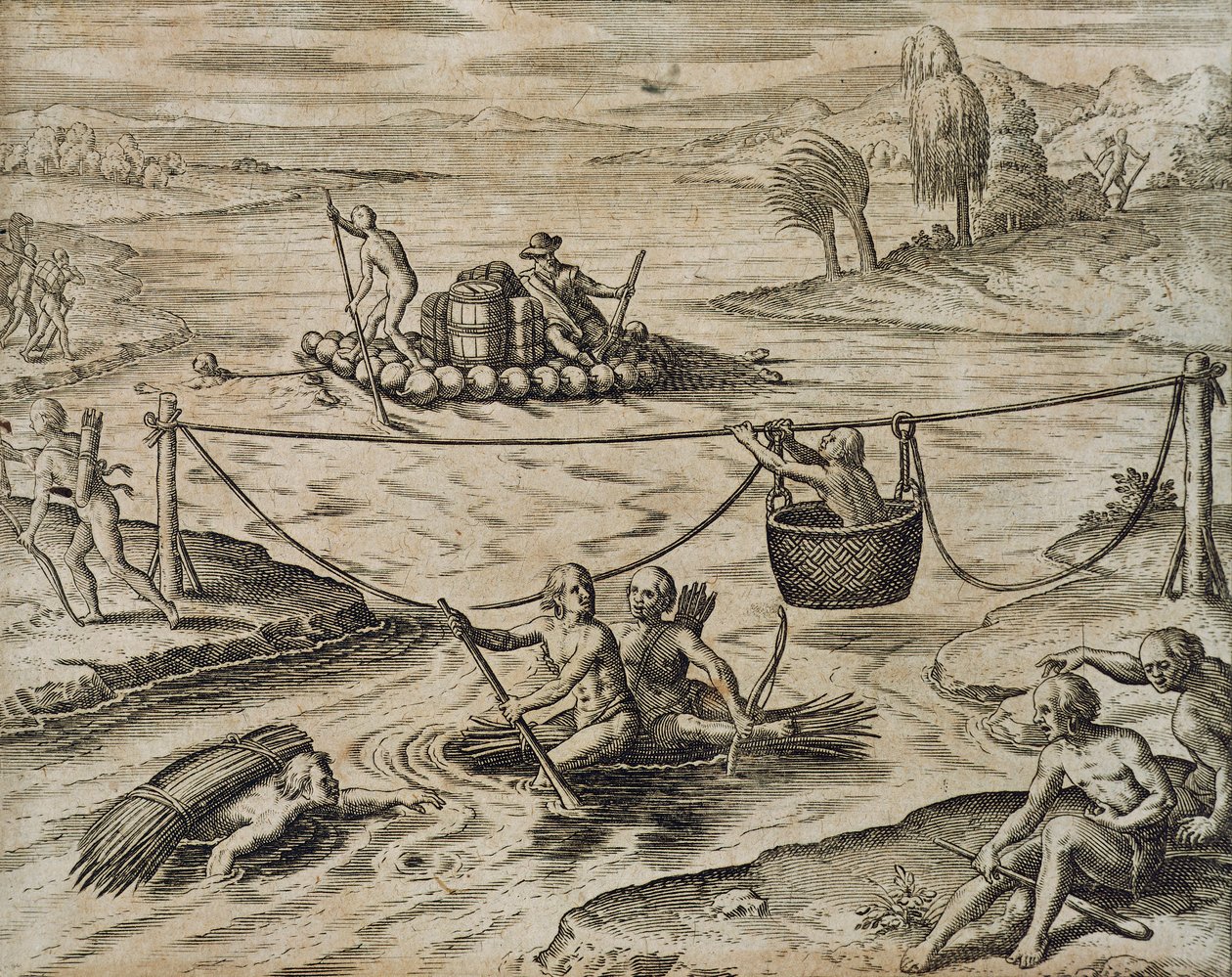 Indianer fahren Stromschnellen hinunter von Theodore de Bry