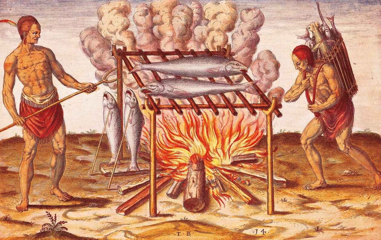 Wie Indianer Fisch kochen, Illustration aus Admiranda Narratio von Theodore De Bry von Theodore de Bry
