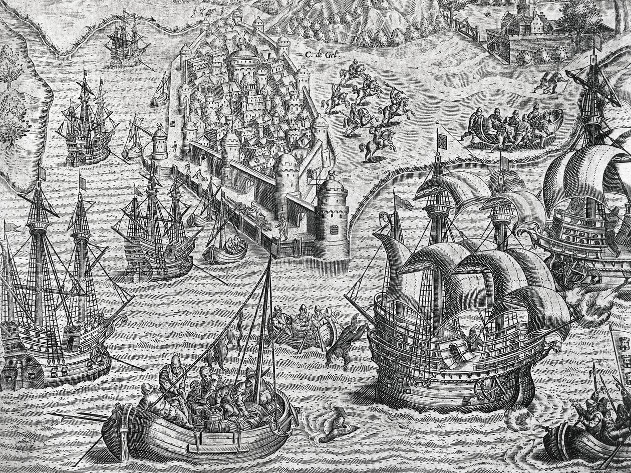 Seeschlacht, Gravur aus der Amerikanischen Geschichte von Theodor de Bry von Theodore de Bry