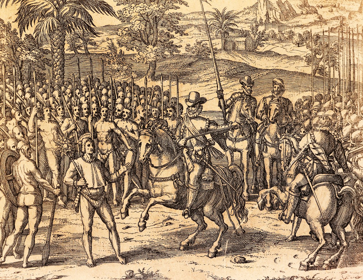 Pizarro wird von den Einheimischen begrüßt von Theodore de Bry