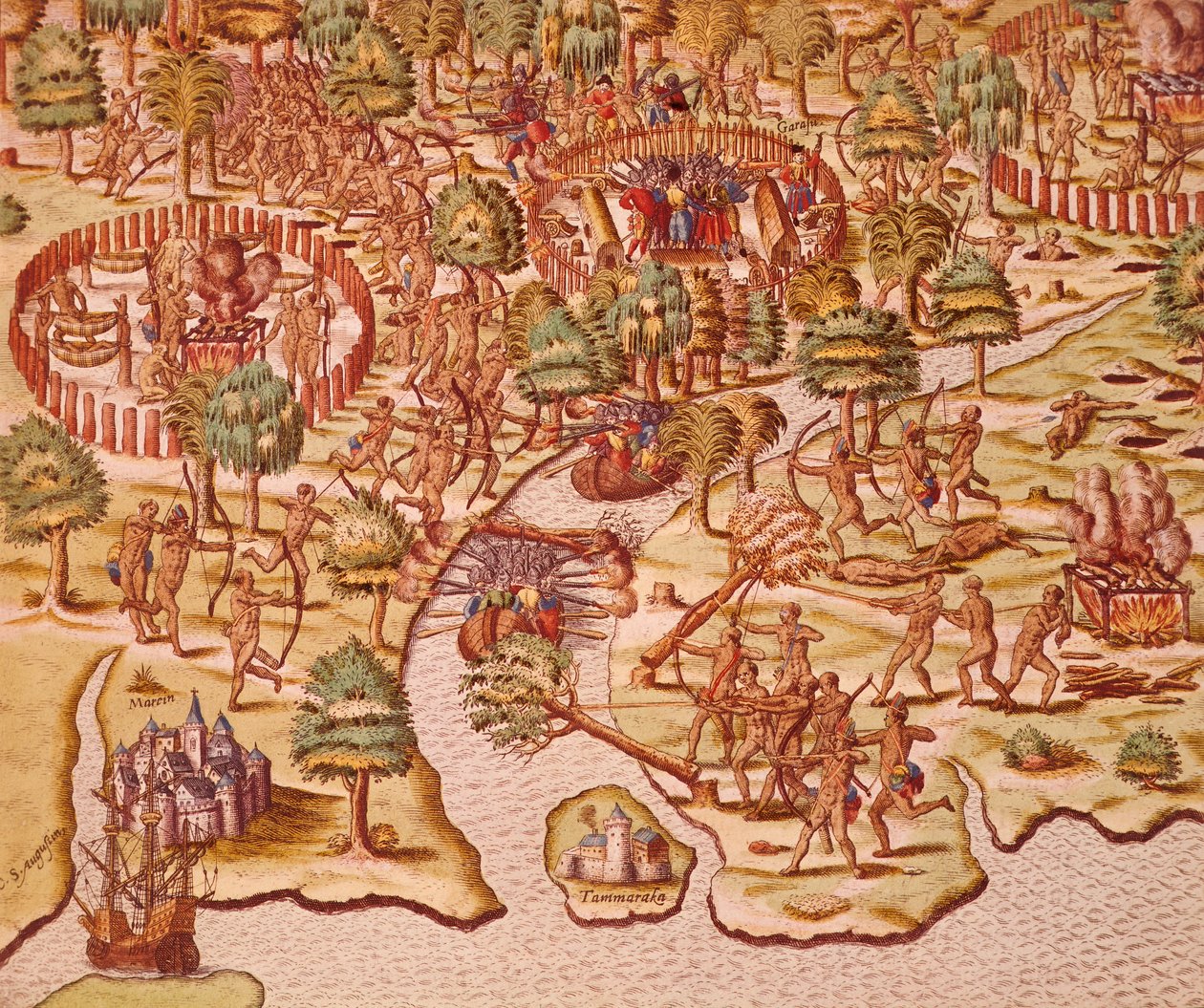 Belagerungs- und Angriffstaktiken bei Zusammenstößen zwischen Einheimischen und Eroberern von Theodore de Bry