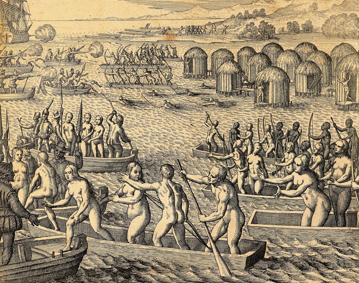 Südamerikanische Ureinwohner greifen die Schiffe der Eroberer an von Theodore de Bry