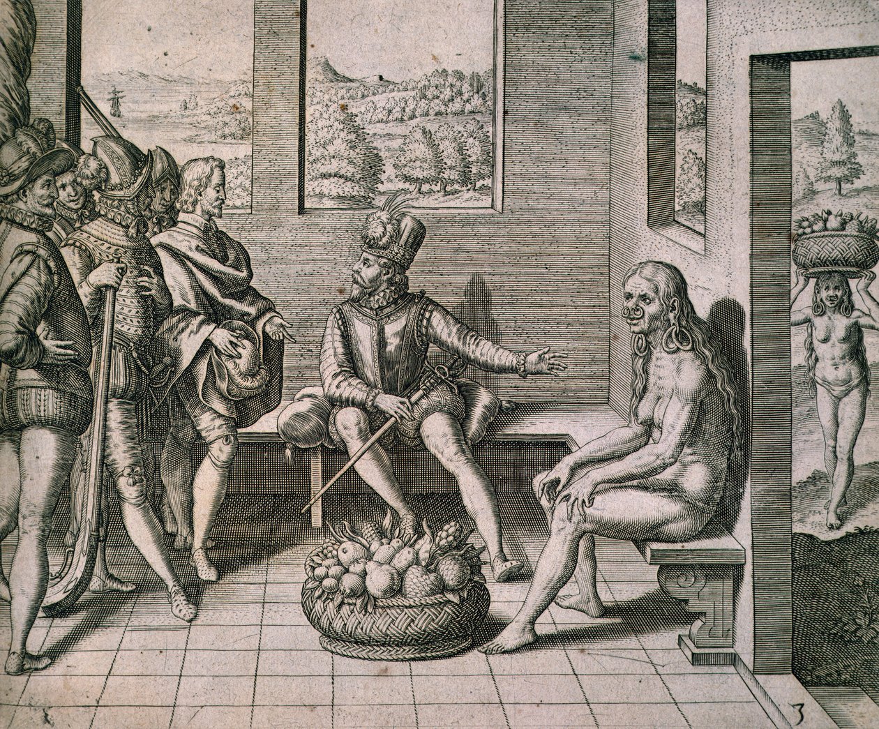Spanische Eroberer treffen einheimische Frauen in Amerika von Theodore de Bry
