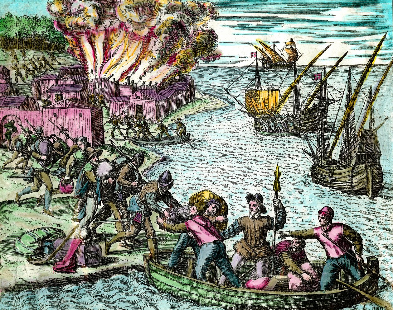 Die Franzosen plündern und verbrennen die Stadt Chioreran. Gravur aus Geschichte Amerikas von Theodore de Bry. 16. Jahrhundert. Private Sammlung von Theodore de Bry