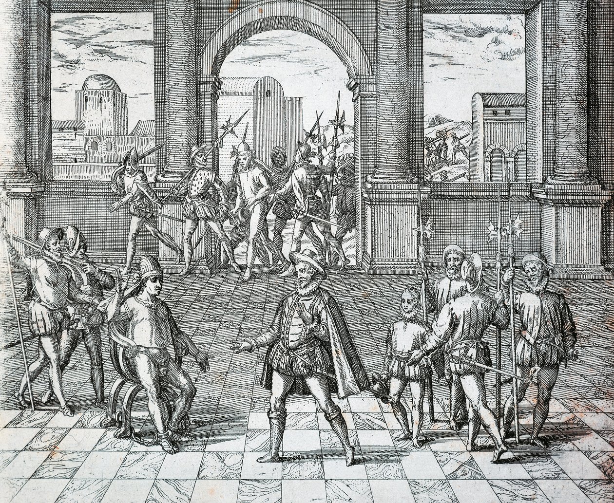 Der Inka-König Atahualpa wird von Spaniern in Cajamarca gefangen genommen, Illustration aus der amerikanischen Geschichte von Theodore de Bry