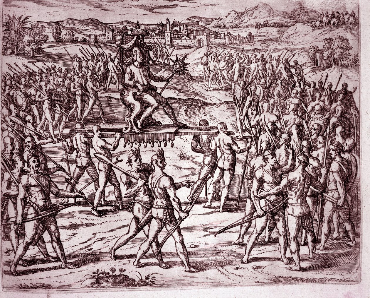 Der Inka-König Atahualpa (oder Atabaliba), der ein Zepter in Form einer Sonne hält, wird auf einer Sänfte getragen, um Francisco Pizarro zu treffen (Gravur) von Theodore de Bry