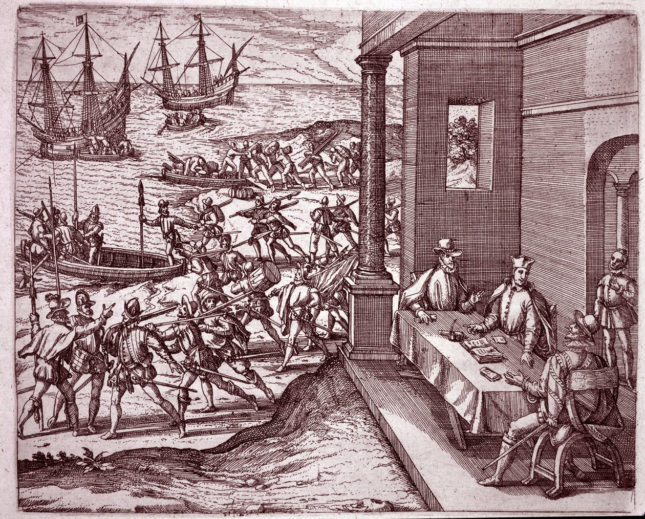 Die spanischen Konquistadoren Francisco Pizarro, Diego de Almagro und Hernando de Luque vereinten ihre Kräfte, um Peru zu erobern (Gravur) von Theodore de Bry