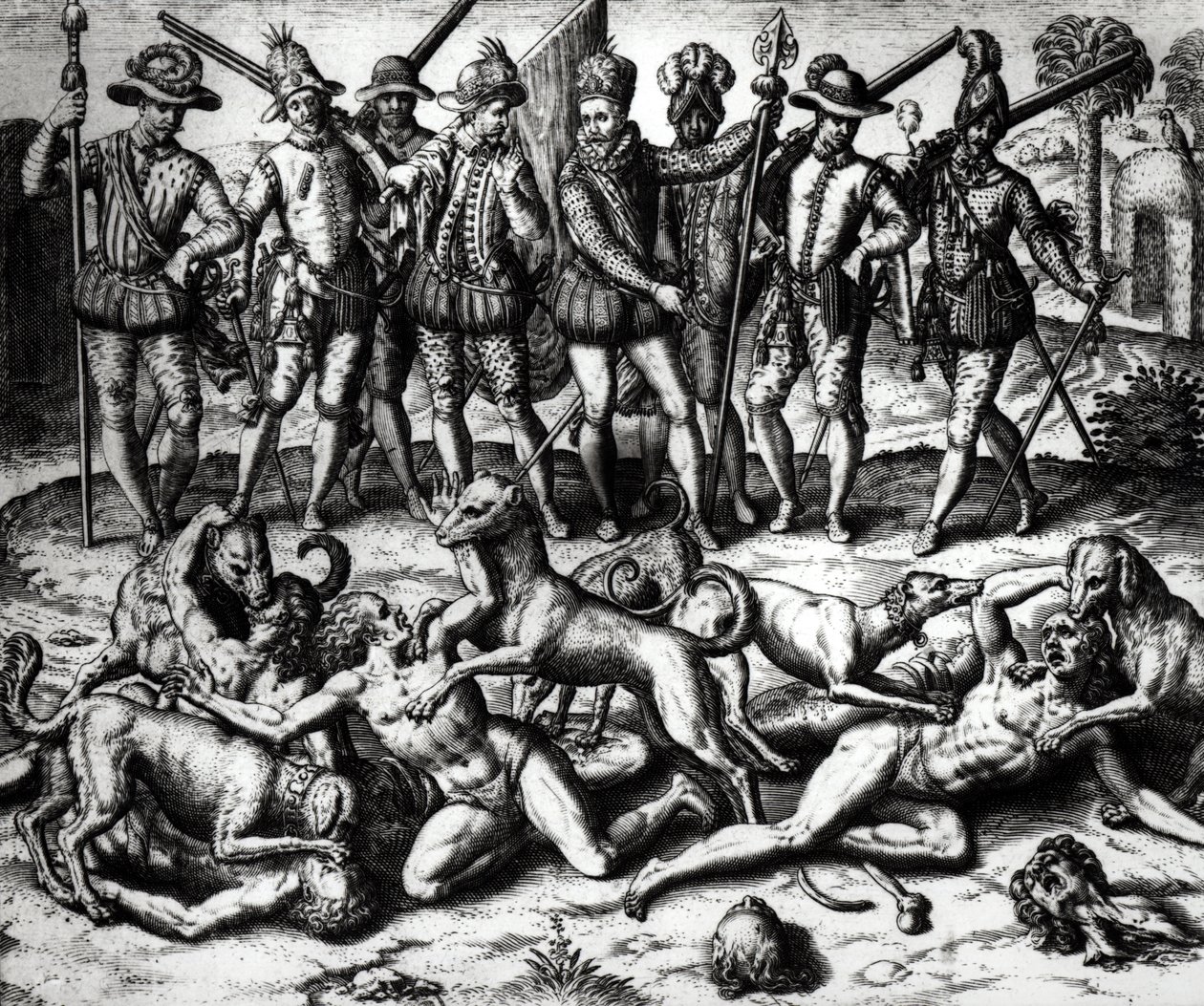 Die Hunde von Vasco Nunez de Balboa greifen die Indianer an von Theodore de Bry