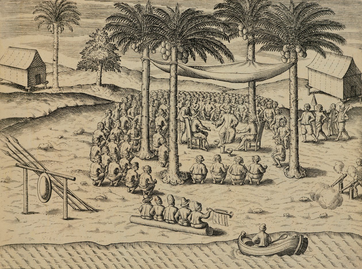 Begrüßung durch indigene afrikanische Eingeborene, Illustration aus Indiae Orientalis von Antonio Pigafetta von Theodore de Bry