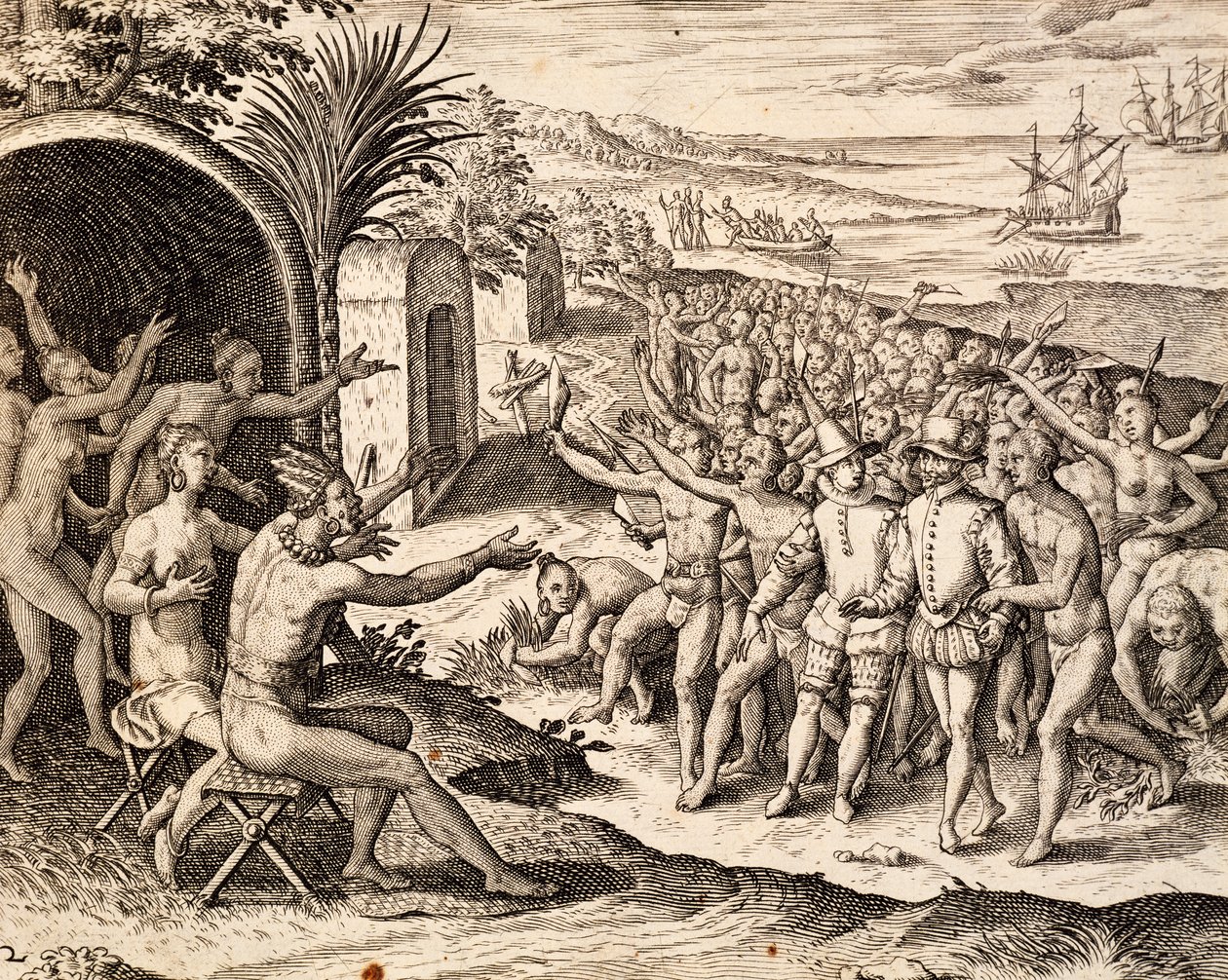 Begrüßung der Niederländer, Gravur aus dem Werk India orientalis, von Theodor de Bry, Indonesien von Theodore de Bry