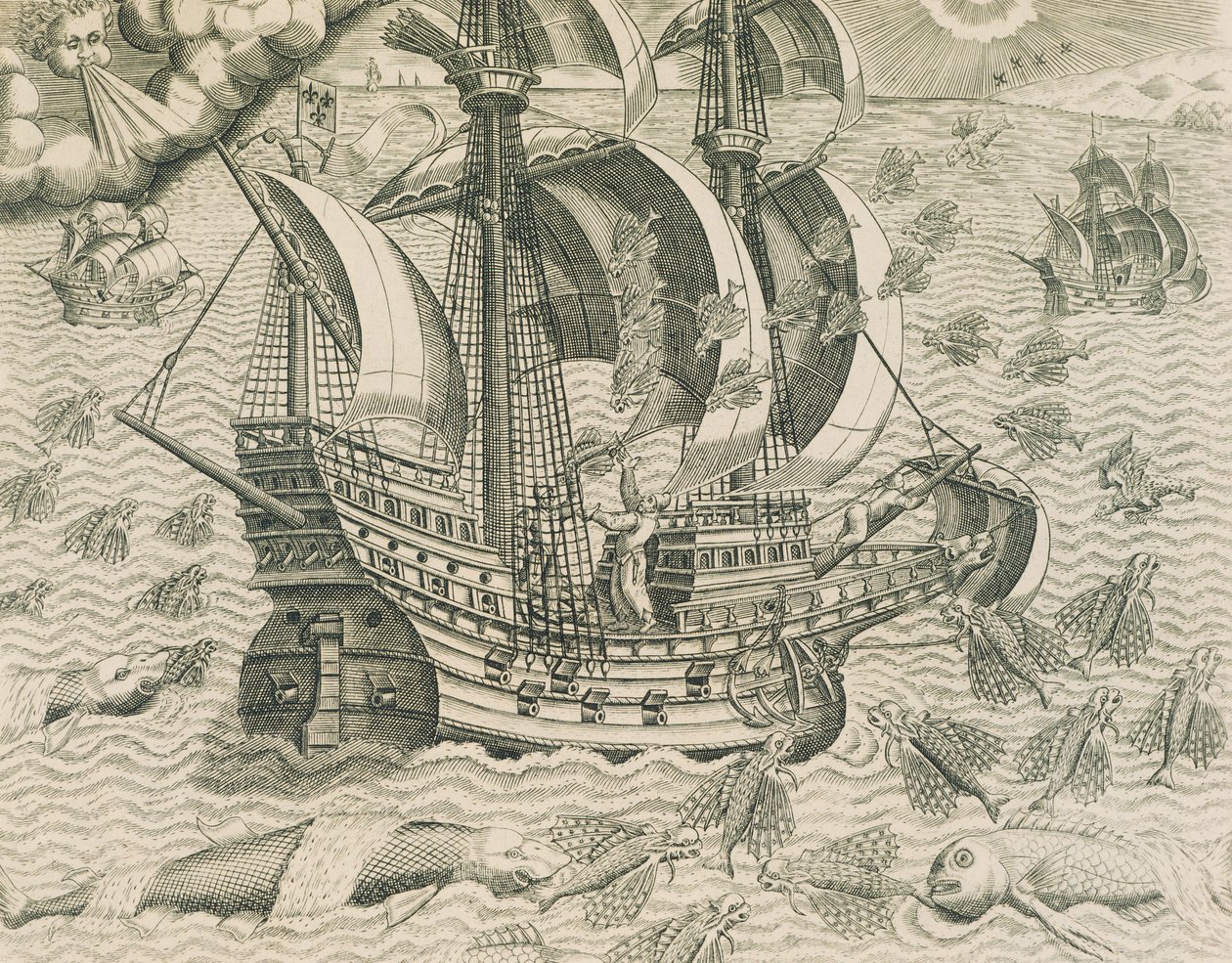 Geflügelter Fisch aus den Meeren der Indes, Illustration aus der amerikanischen Geschichte von Theodore de Bry von Theodore de Bry