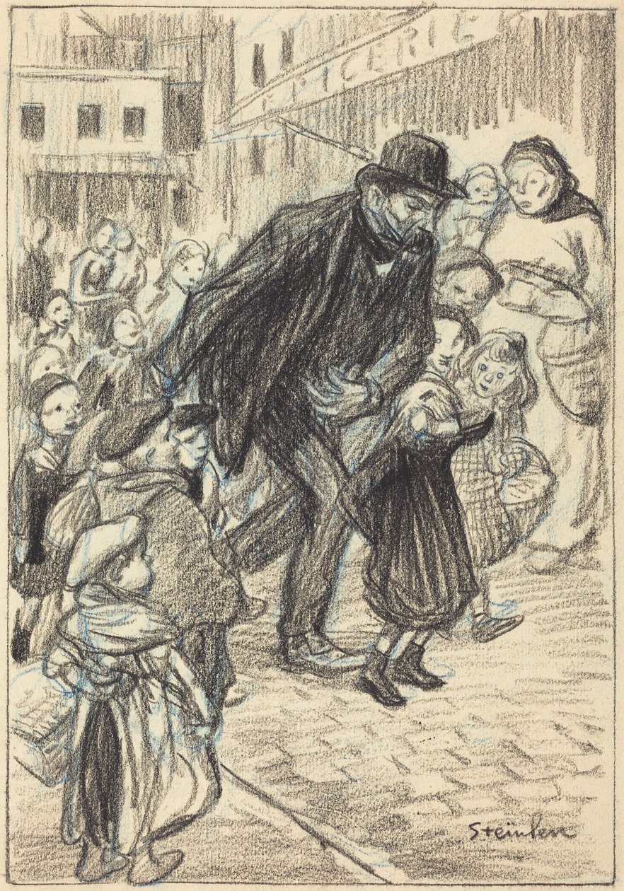 Ein Mann auf einer Stadtstraße, umgeben von Kindern (Ein Vater) von Théophile Alexandre Steinlen