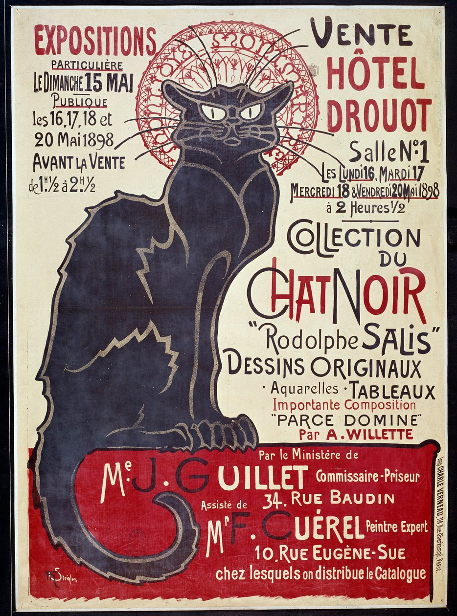 Werbeplakat zur Ankündigung des Verkaufs der Sammlung Cat Noir und Werke von Rodolphe Salis im Hotel Drouot 1898, Illustration von Theophile Alexandre Steinlen von Théophile Alexandre Steinlen
