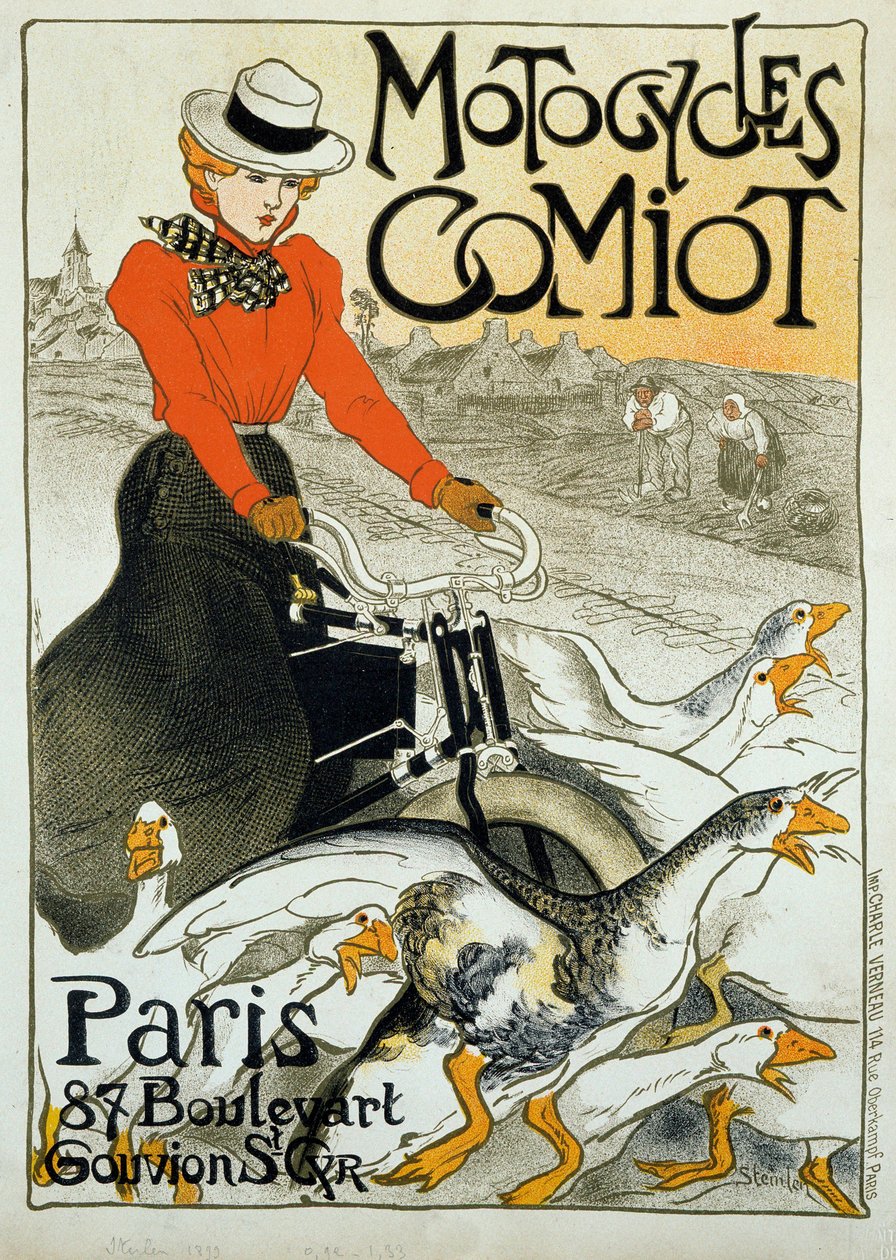Werbeplakat für Comiot-Motorräder. Eine junge Frau auf einem Moped fährt zwischen einer Gruppe von Gänsen. Plakat von Theophile Alexandre Steinlen (1859-1923). 1899. Paris, dekorative Künste von Théophile Alexandre Steinlen