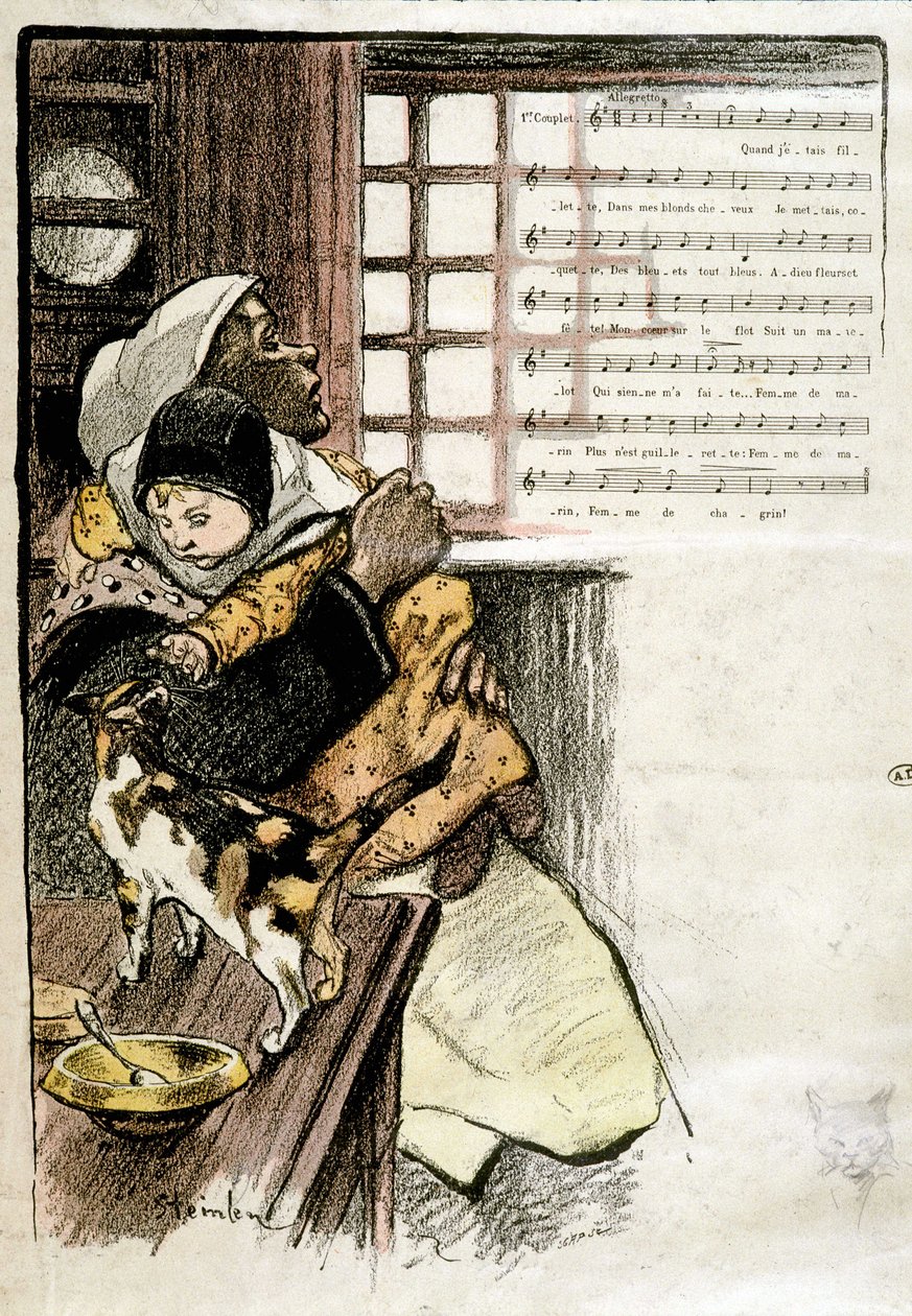 Kind in den Armen einer Frau, die mit einer Katze spielt, Illustration von Steinlen für Notenblatt, 19. Jahrhundert von Théophile Alexandre Steinlen