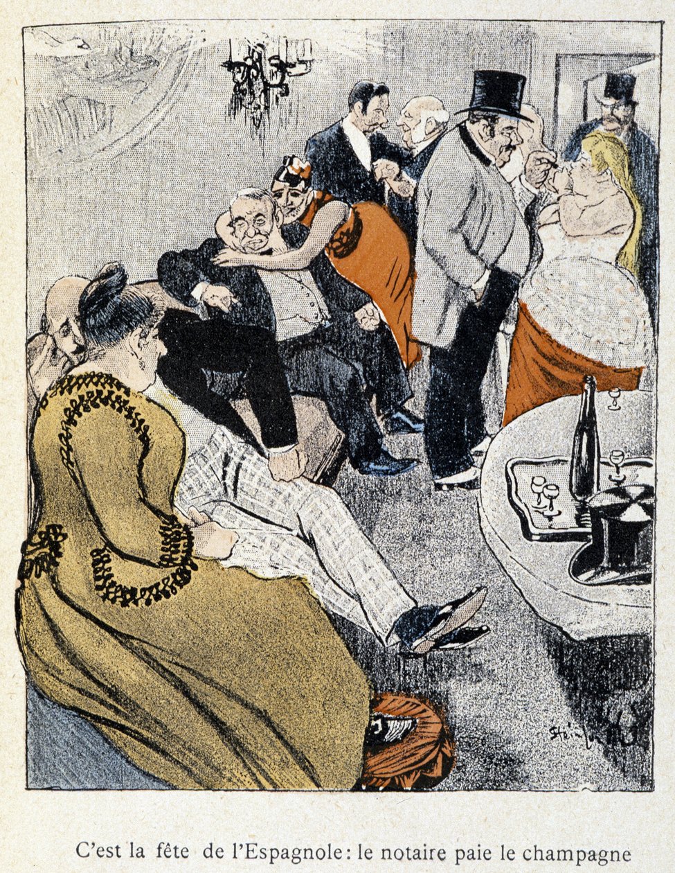 Filles et Marlous: Es ist das Fest der Spanier: der Notar zahlt den Champagner - in „Dans la vie“, von Steinlen 1901 (gleiche Zeichnung wie Nr. 27695) von Théophile Alexandre Steinlen