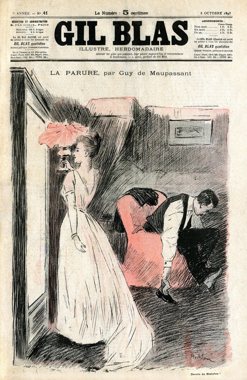 Illustration von Steinlen zu Guy de Maupassants Kurzgeschichte "Die Halskette". Madame Loisel betrachtet sich im Spiegel, während ihr Mann ihr die Schuhe auszieht. Sie stellt fest, dass sie die Halskette (Diamantfluss) verloren hat, die ihr ihre Freundin M von Théophile Alexandre Steinlen