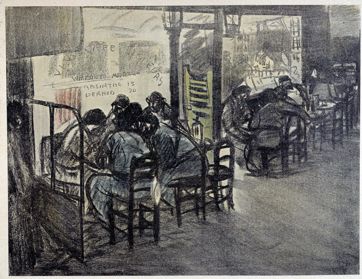 Auf der Terrasse des Cafés (Auf der Vitrine steht „Absinthe 15“, „Pernod 20“) Zeichnung von Theophile Alexandre Steinlen (1859-1923) 20. Jahrhundert Paris, Musée Carnavalet von Théophile Alexandre Steinlen