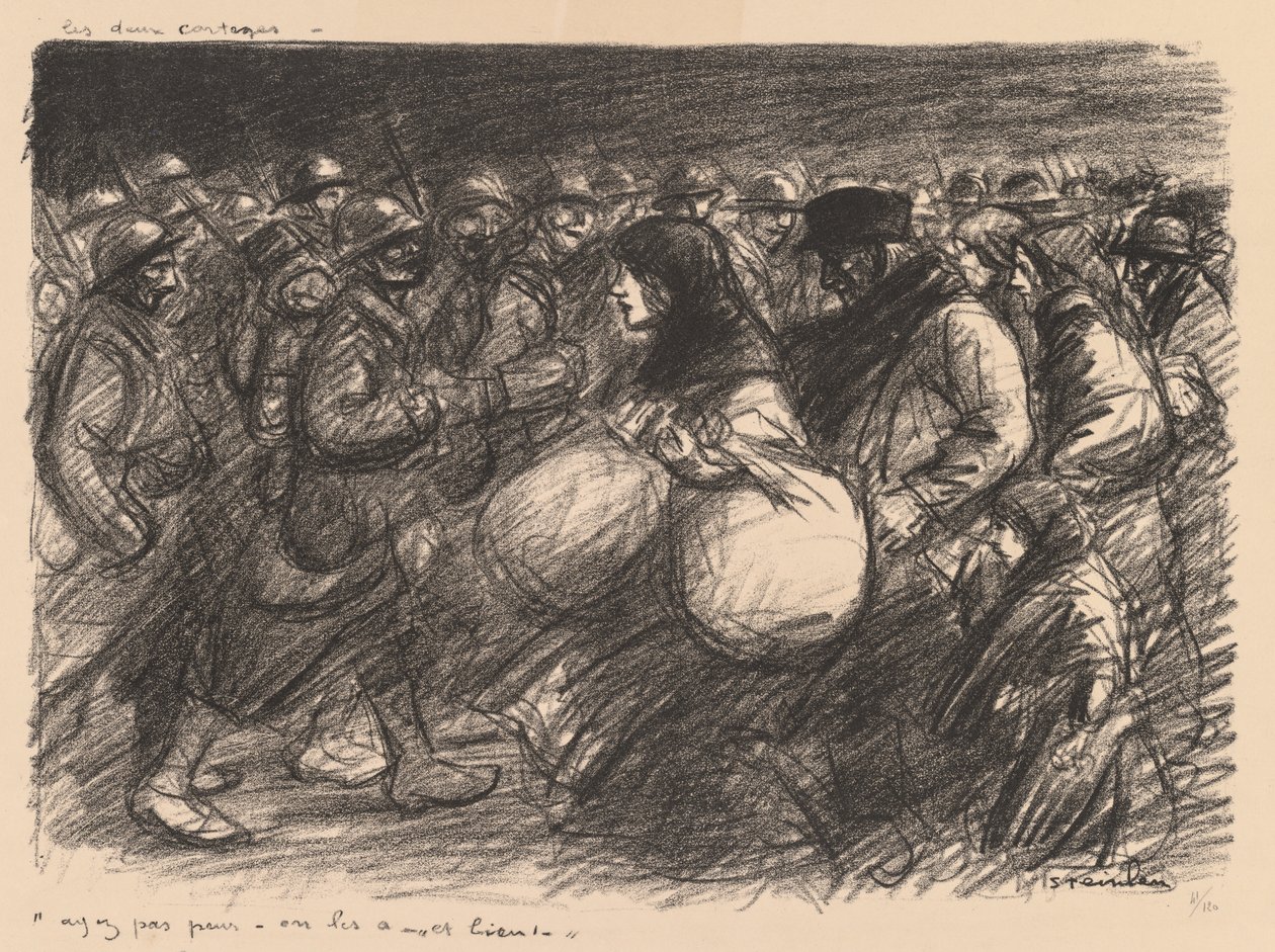 Kriegsskizzen: Die zwei Prozessionen (Croquis de guerre: Les deux cortèges – „Ayez pas peur - on les a - et bien!“) von Théophile Alexandre Steinlen