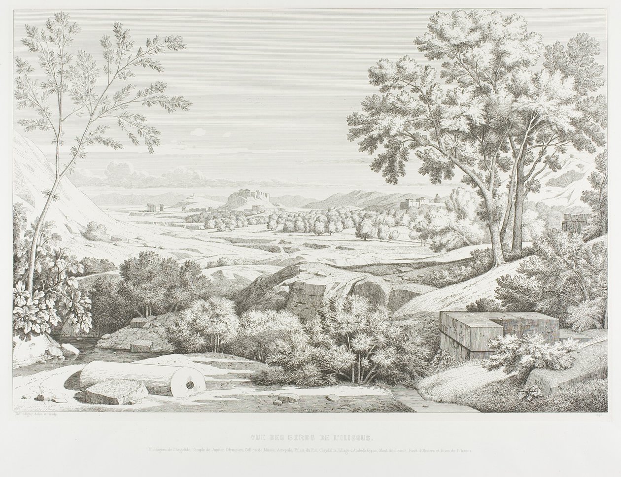 Blick von den Ufern des Illisos: Berge der Argolis, Tempel des Olympischen Zeus, die Akropolis, Palast des Königs Corydalus, Dorf Ambelokipos, Berg Anchesmos, Olivenwald und der Fluss Illisos von Théodore Caruelle d