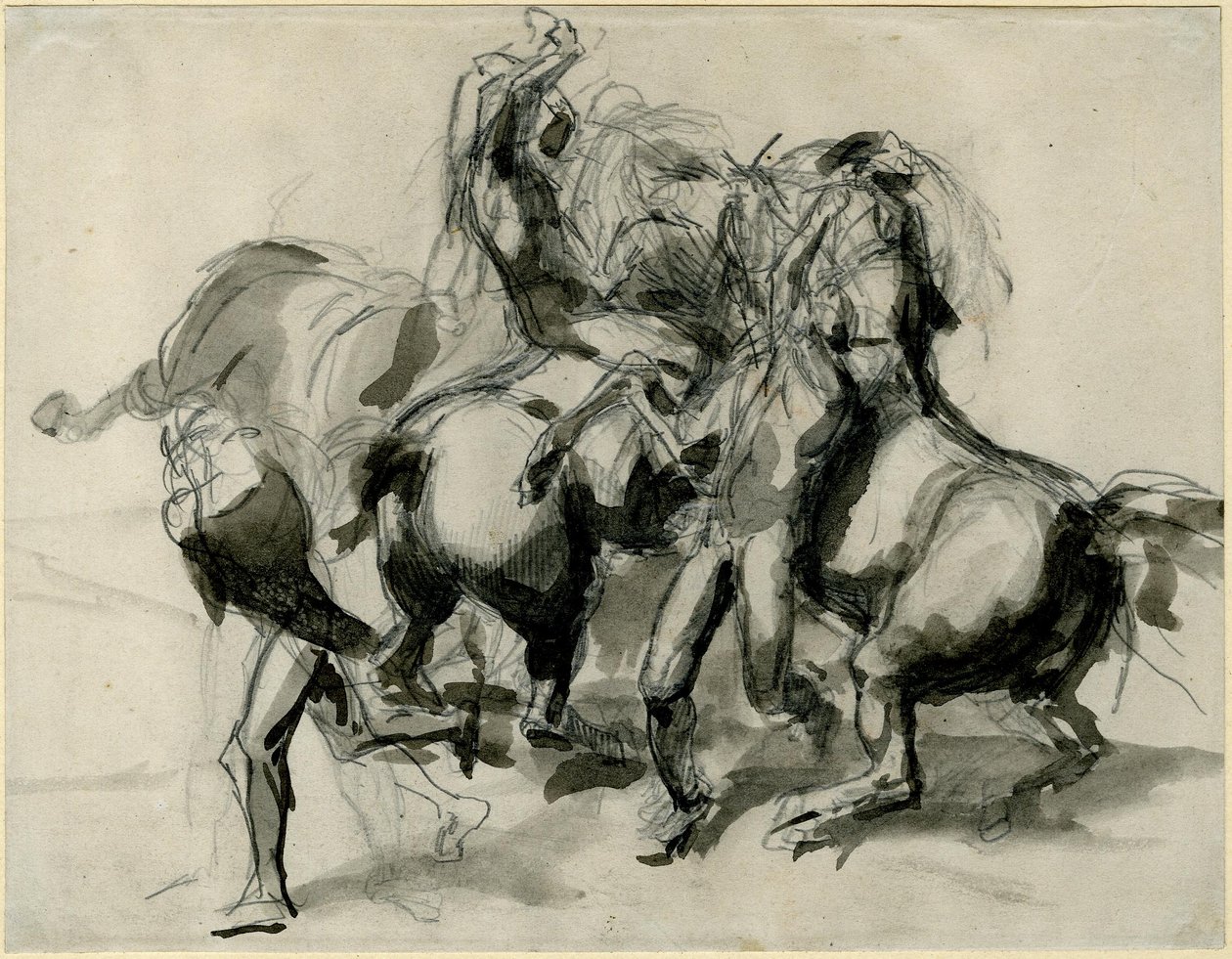 Zugeschrieben Théodore Géricault - Skizze eines Kampfes mit Pferden und Männern, 1913,0114.8 von Theodore Gericault