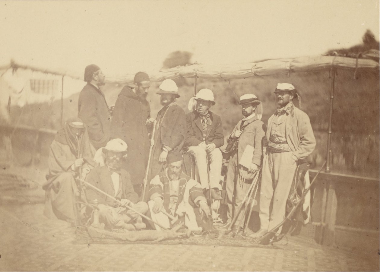 Gruppenporträt von westlichen Männern auf einem Boot (wahrscheinlich einschließlich Henri Pereire, M. Surell und Arthur ...) von Théodule Devéria