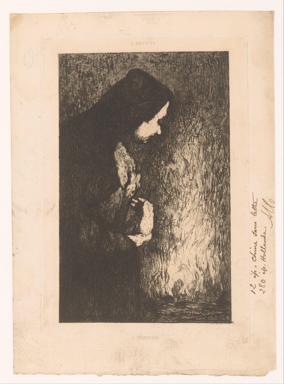 Stehende Frau, die auf ein brennendes Dorf im Hintergrund schaut von Théodule Augustin Ribot