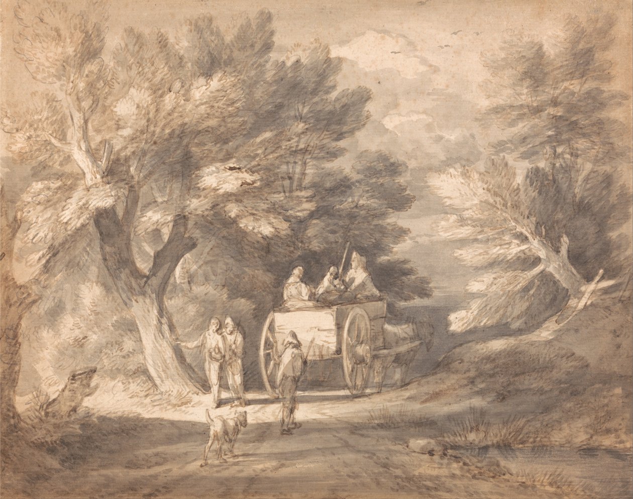 Bewaldete Landschaft mit Landkarren und Figuren, die einen Weg hinuntergehen von Thomas Gainsborough