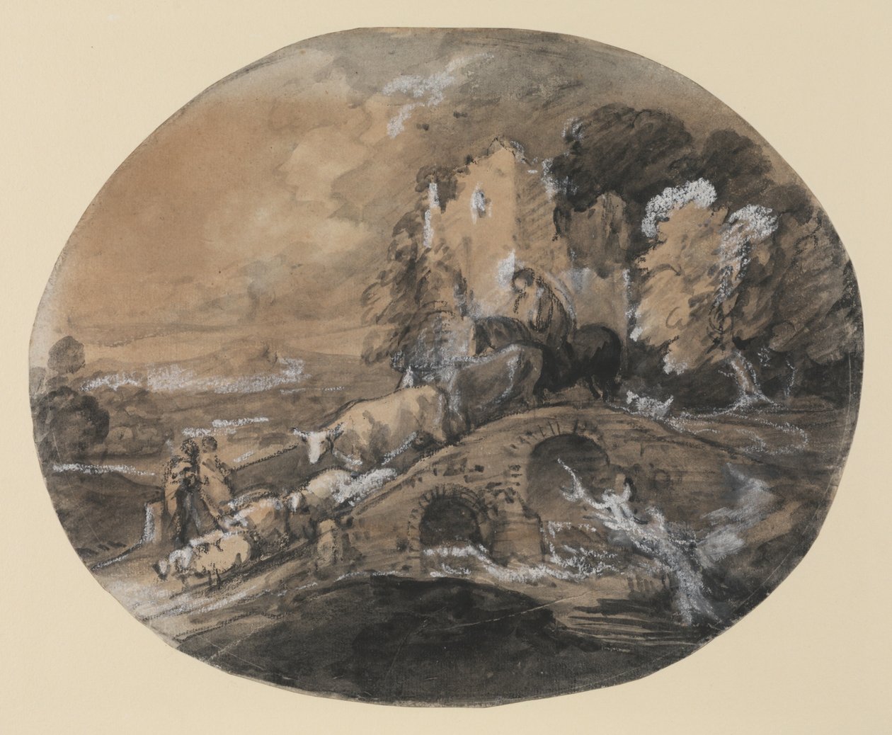 Waldlandschaft mit Hirten, die Vieh über eine Brücke treiben, Bauern und eine Burgruine, 1781 von Thomas Gainsborough
