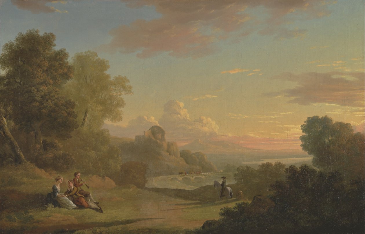 Eine imaginäre Landschaft mit einem Reisenden und Figuren, die die Bucht von Baiae überblicken von Thomas Jones