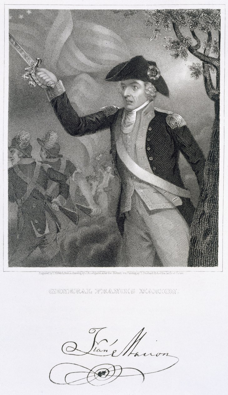 Porträt von General Francis Marion in der Schlacht von Eutaw Springs, 1781, graviert von Thomas B. Welch nach einer Zeichnung von James Barton Longacre von Thomas Stothard