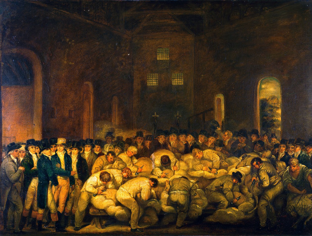 Der Earl of Leicester und andere Beobachter bei einem Schafschurwettbewerb in der großen Scheune von Holkham Hall von Thomas Weaver