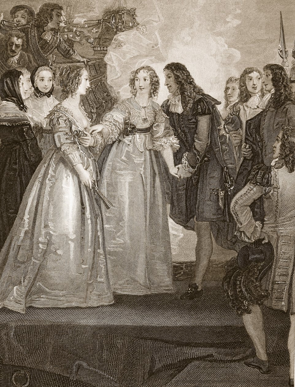 Karl II. empfängt die Herzogin von Orleans in Dover, graviert von W. Bromley, Illustration aus David Humes 