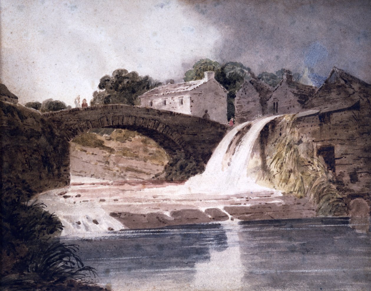 Brücke und Wasserfall, um 1800-30 von Thomas (attr. to) Girtin
