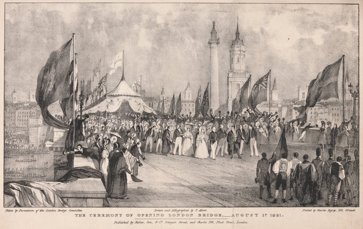 Die Zeremonie der Eröffnung der London Bridge mit der alten London Bridge im Hintergrund von Thomas Allom