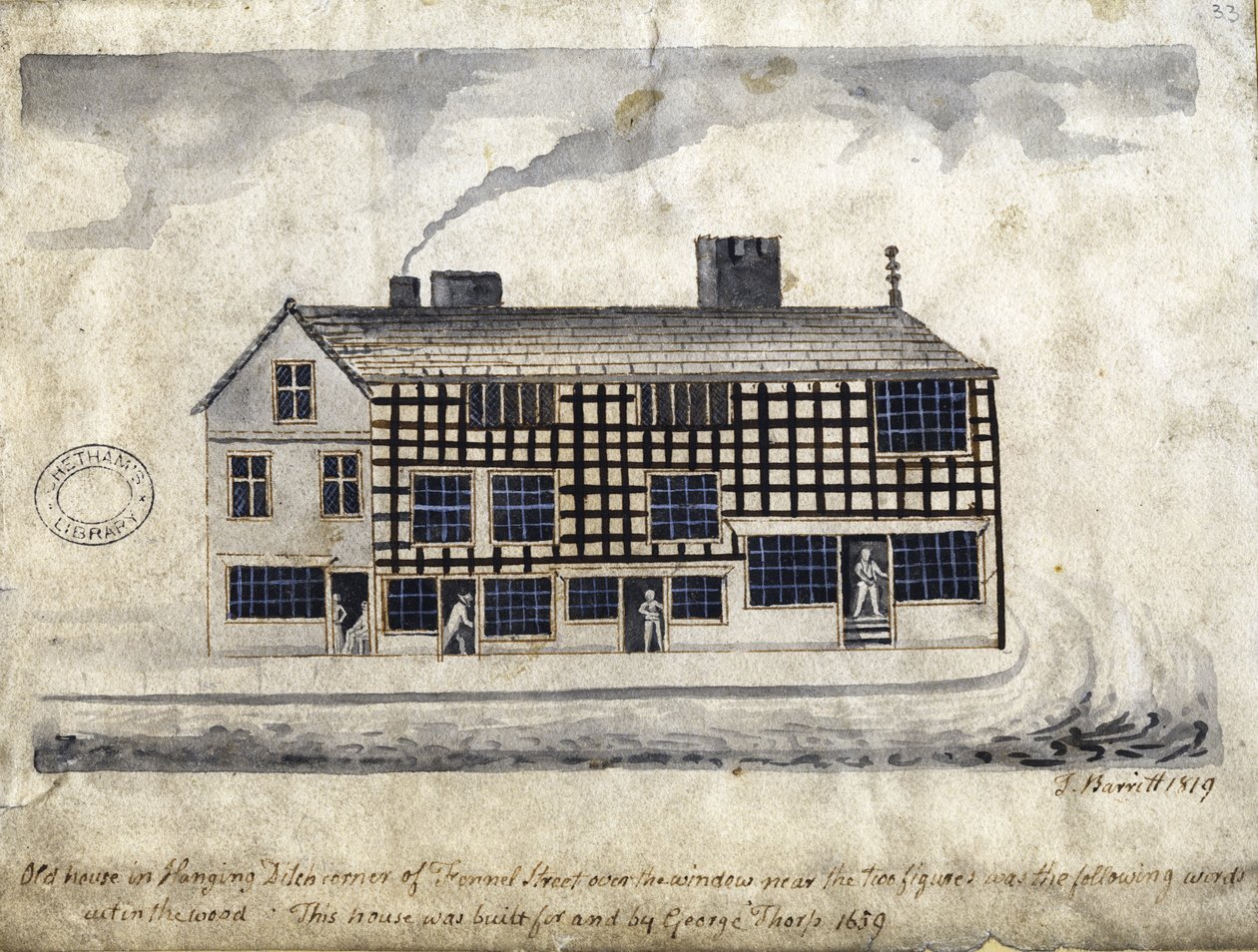 Altes Haus am Hanging Ditch, Manchester, 1819 von Thomas Barritt