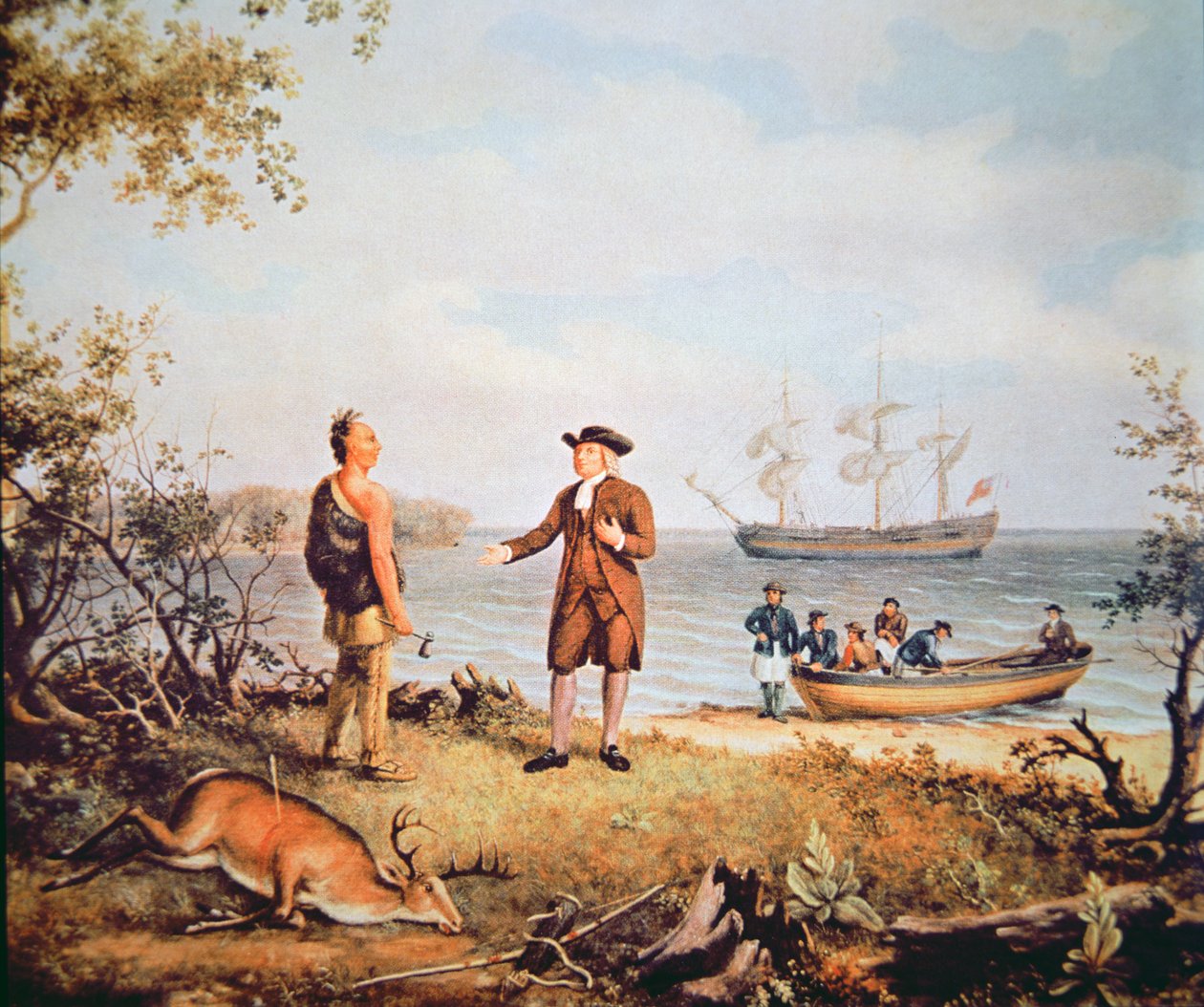 William Penn kommt 1682 zum ersten Mal in Amerika an und trifft einen Ureinwohner von Thomas Birch