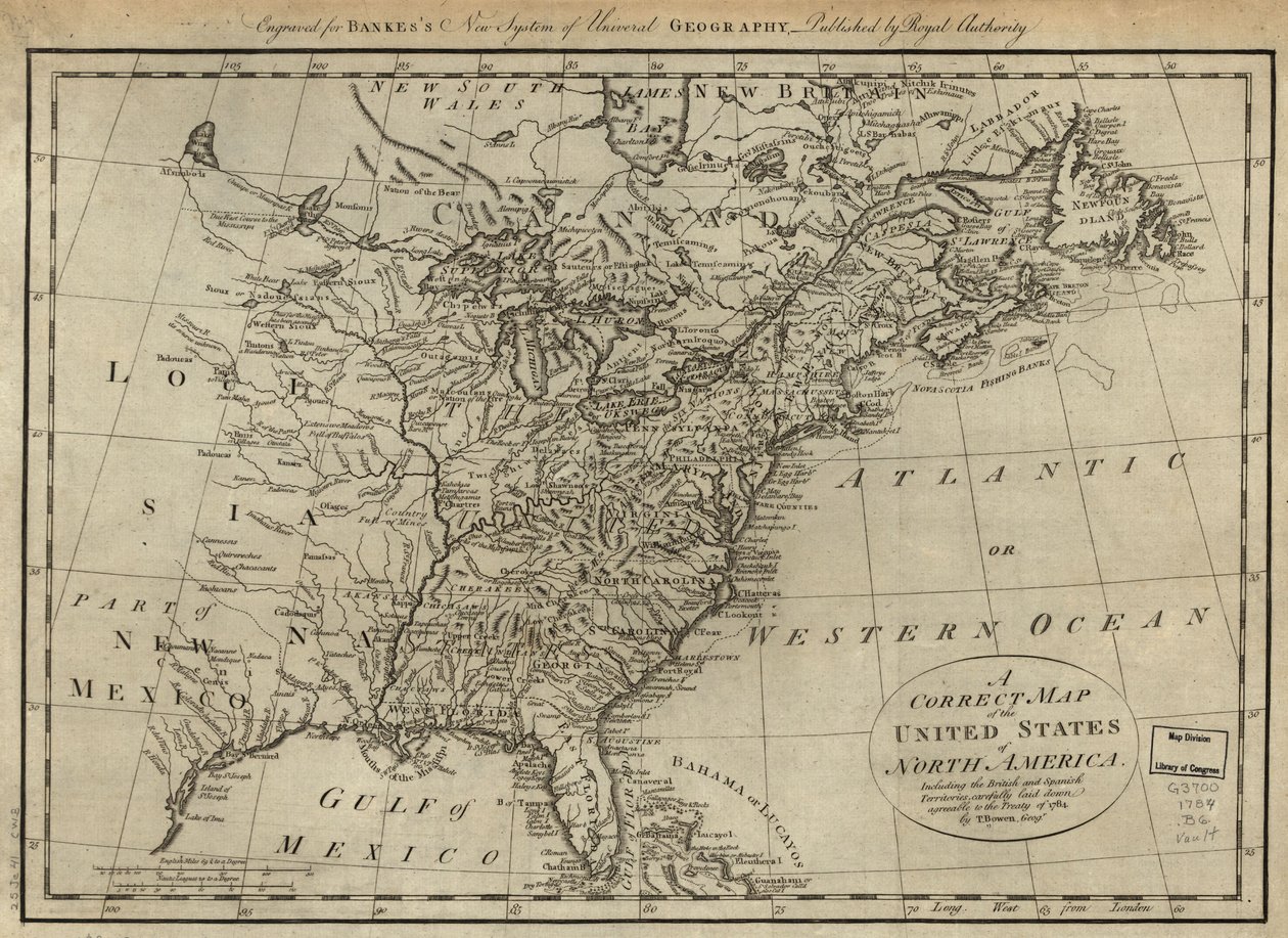 Eine korrekte Karte der Vereinigten Staaten von Nordamerika; einschließlich der britischen und spanischen Territorien, sorgfältig nach dem Vertrag von 1784 erstellt von Thomas Bowen